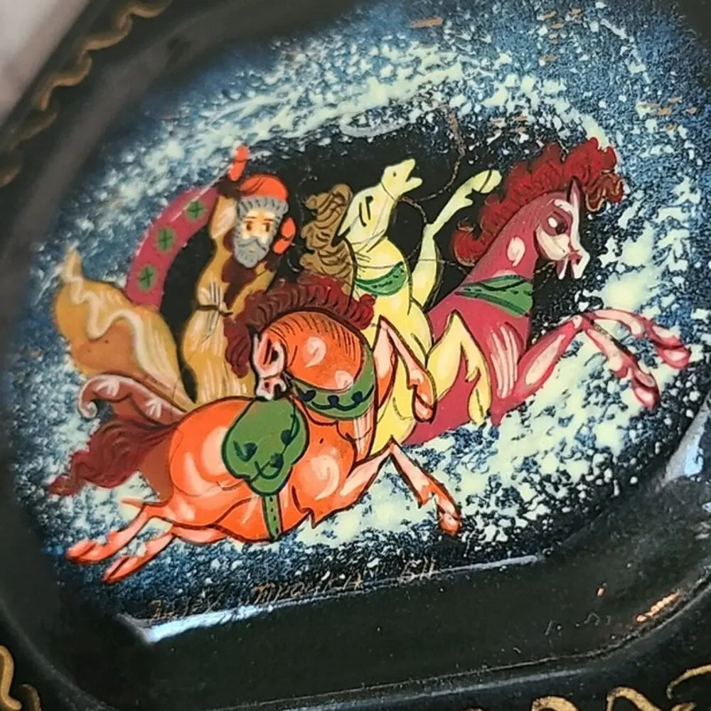 Russian Lacquer Box Palekh Style Hand Painted Artist Signed Vintage Folk Scene